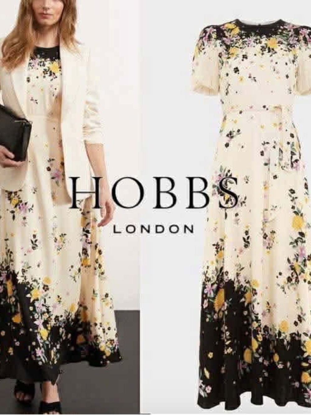 Floral Puff-Sleeve Midi Dress in Cream and Black